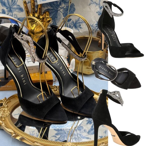 🆕 GIANNI BINI 🧿 NWOB August Embellished Snake Sandals, Black Suede - Sz US 7 M